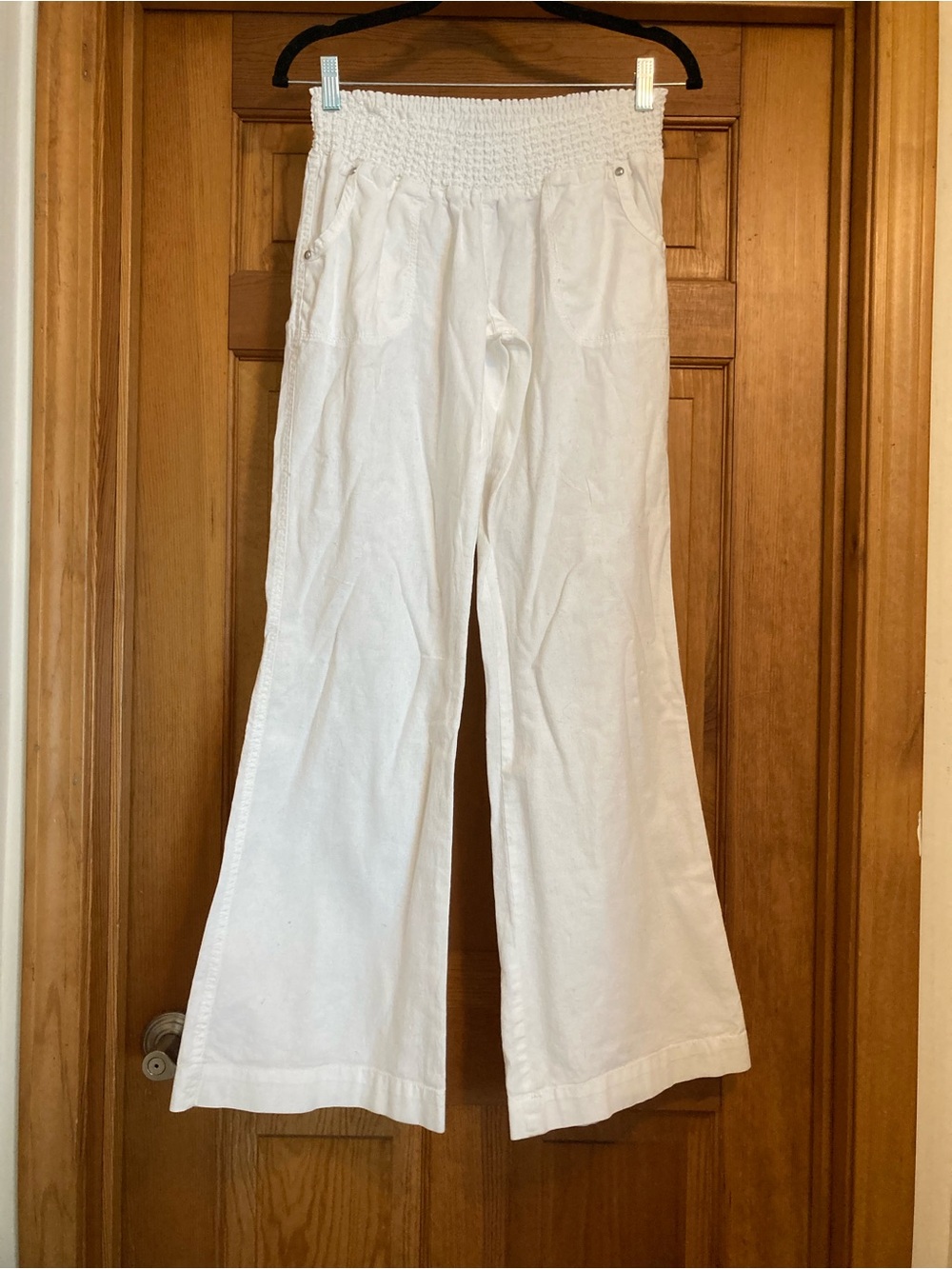Rewash White Linen/Cotton Smocked Waist Pants, Flare Leg, Large